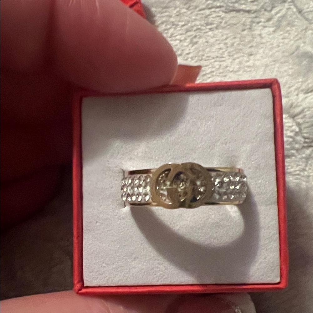 Gold-Tone Interlock Emblem Ring with Crystal Accents - Women Jewelry